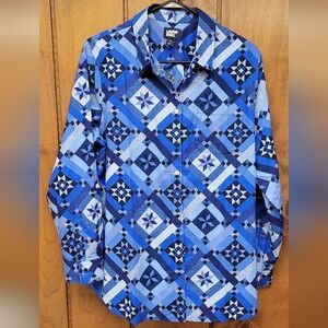 Lands' End Women's Large Cotton Boyfriend Tunic Blue Quilt-look